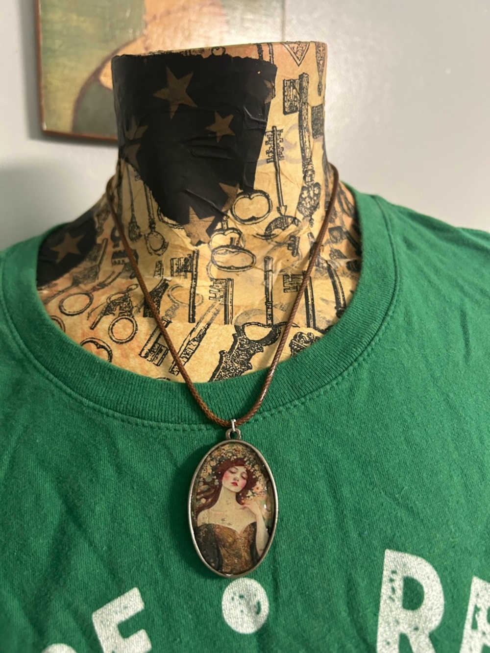 Hand Crafted Oval Portrait Pendant Necklace in Brown and Green